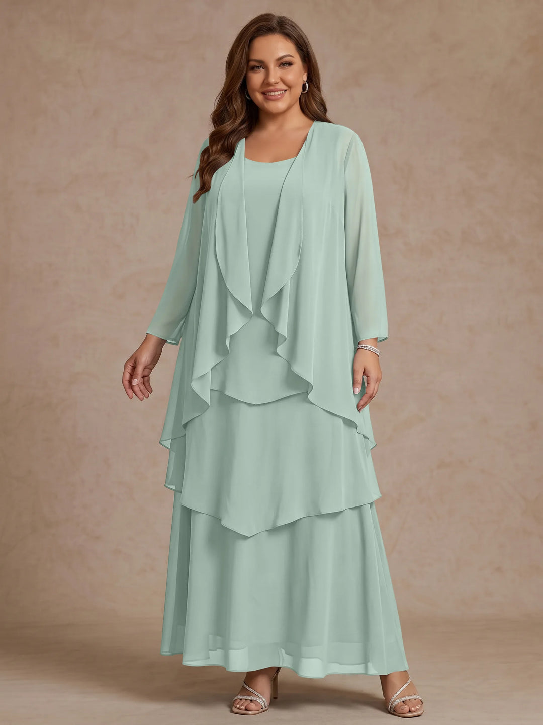 A-Line/Princess Scoop Chiffon Plus Size Mother of the Bride Dresses with Jacket & Ruffles Long Sleeves Ankle-Length