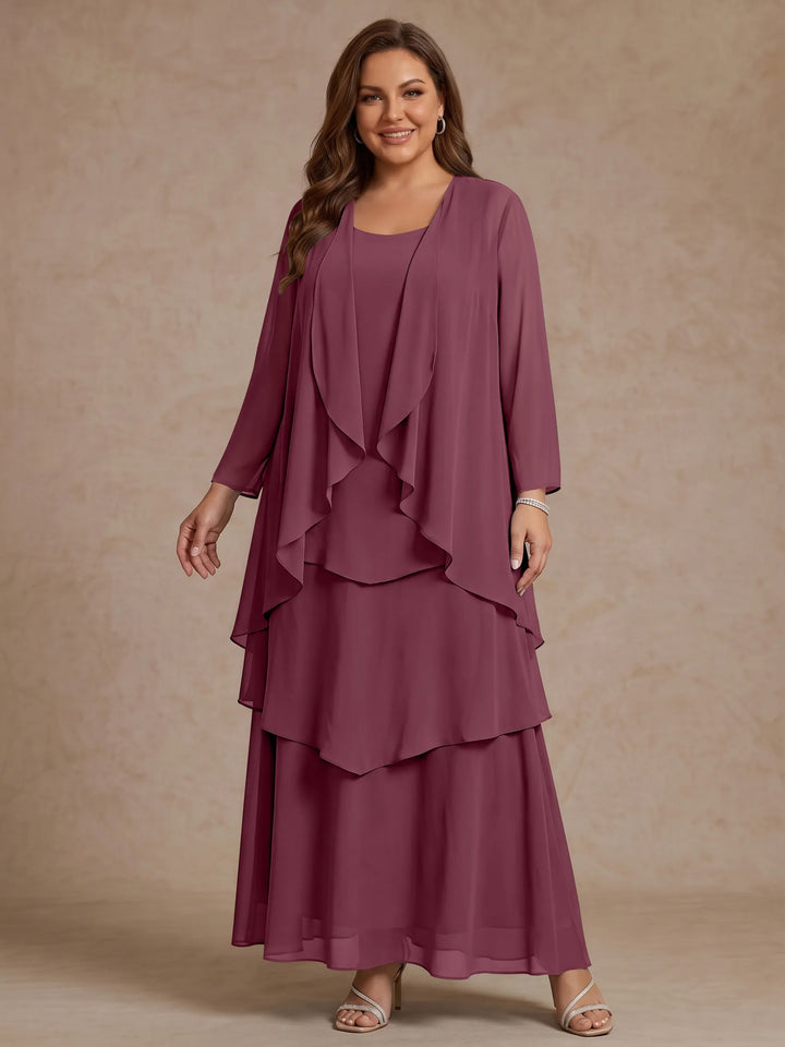 A-Line/Princess Scoop Chiffon Plus Size Mother of the Bride Dresses with Jacket & Ruffles Long Sleeves Ankle-Length