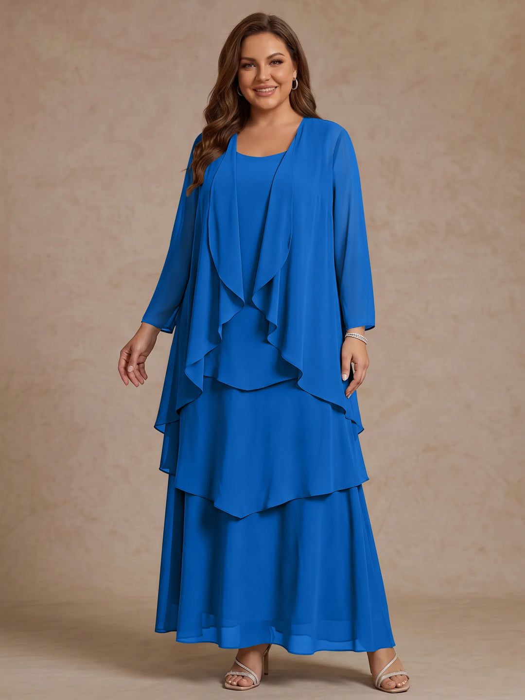 A-Line/Princess Scoop Chiffon Plus Size Mother of the Bride Dresses with Jacket & Ruffles Long Sleeves Ankle-Length