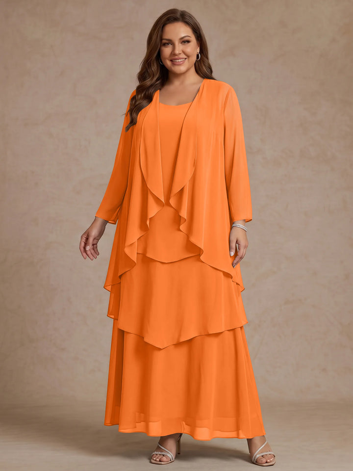 A-Line/Princess Scoop Chiffon Plus Size Mother of the Bride Dresses with Jacket & Ruffles Long Sleeves Ankle-Length