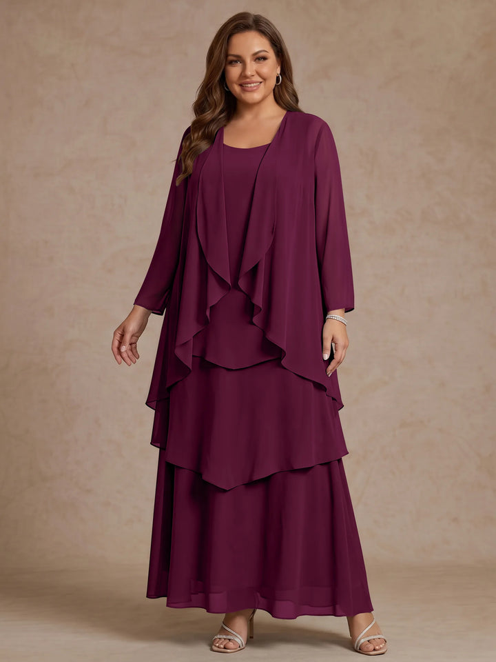 A-Line/Princess Scoop Chiffon Plus Size Mother of the Bride Dresses with Jacket & Ruffles Long Sleeves Ankle-Length