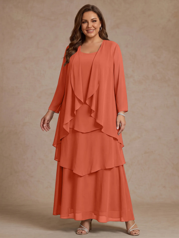 A-Line/Princess Scoop Chiffon Plus Size Mother of the Bride Dresses with Jacket & Ruffles Long Sleeves Ankle-Length