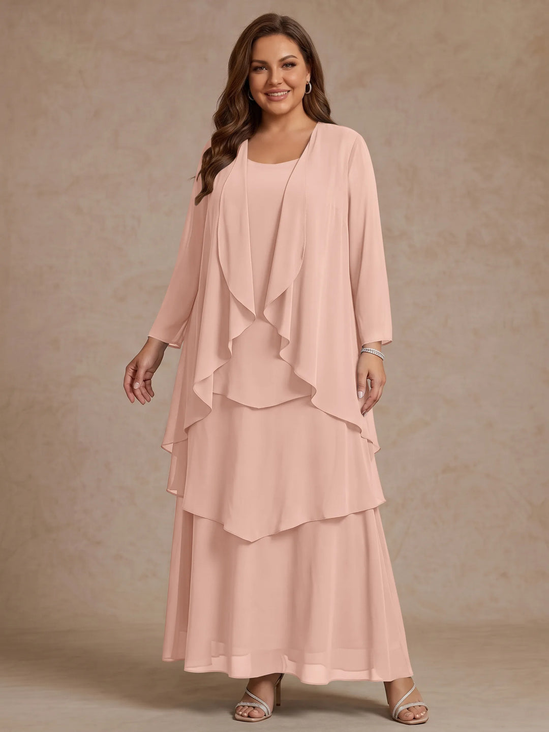 A-Line/Princess Scoop Chiffon Plus Size Mother of the Bride Dresses with Jacket & Ruffles Long Sleeves Ankle-Length