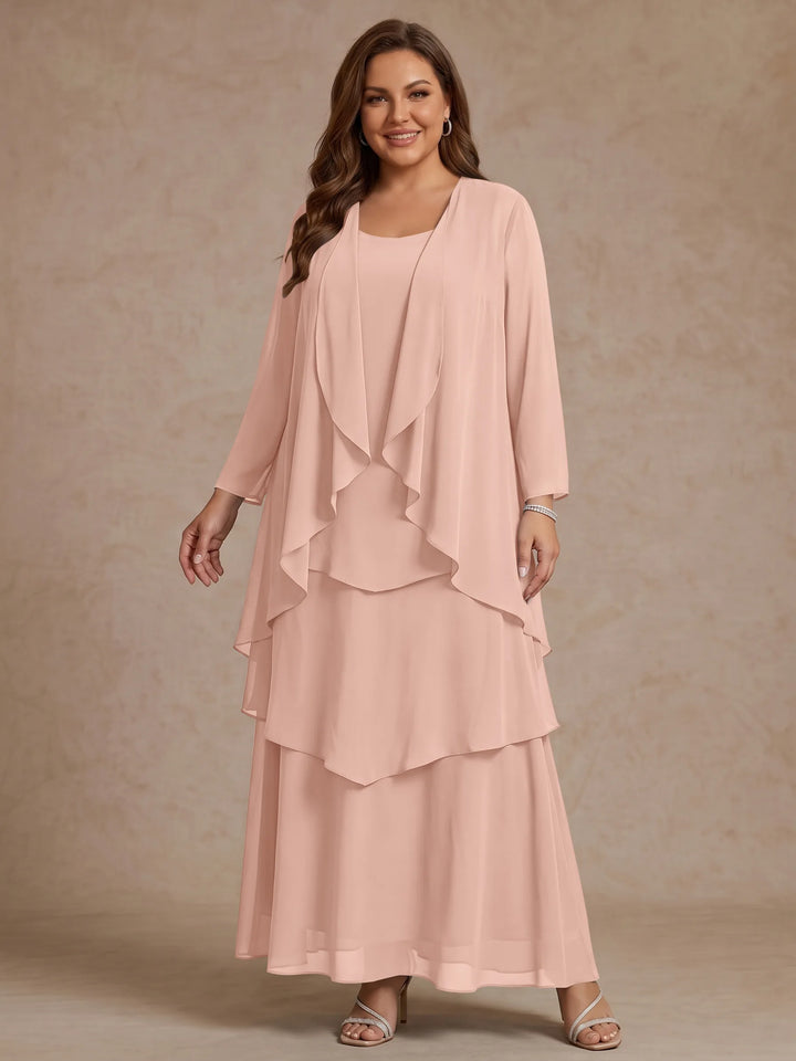 A-Line/Princess Scoop Chiffon Plus Size Mother of the Bride Dresses with Jacket & Ruffles Long Sleeves Ankle-Length