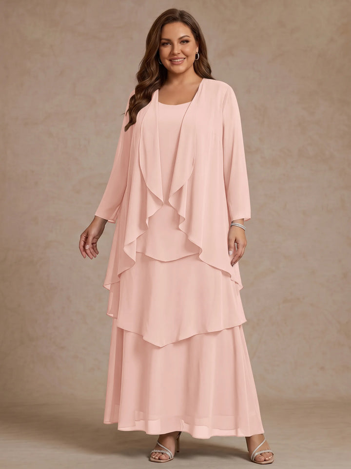 A-Line/Princess Scoop Chiffon Plus Size Mother of the Bride Dresses with Jacket & Ruffles Long Sleeves Ankle-Length