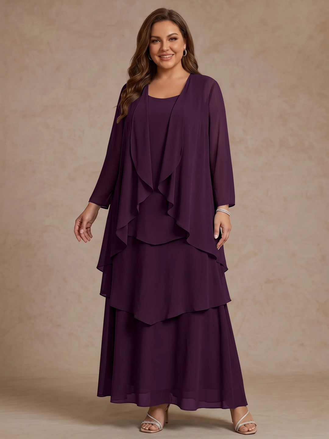 A-Line/Princess Scoop Chiffon Plus Size Mother of the Bride Dresses with Jacket & Ruffles Long Sleeves Ankle-Length