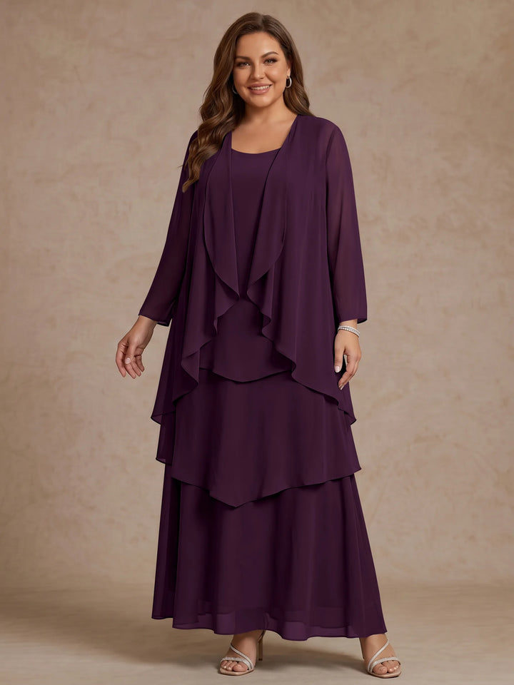 A-Line/Princess Scoop Chiffon Plus Size Mother of the Bride Dresses with Jacket & Ruffles Long Sleeves Ankle-Length