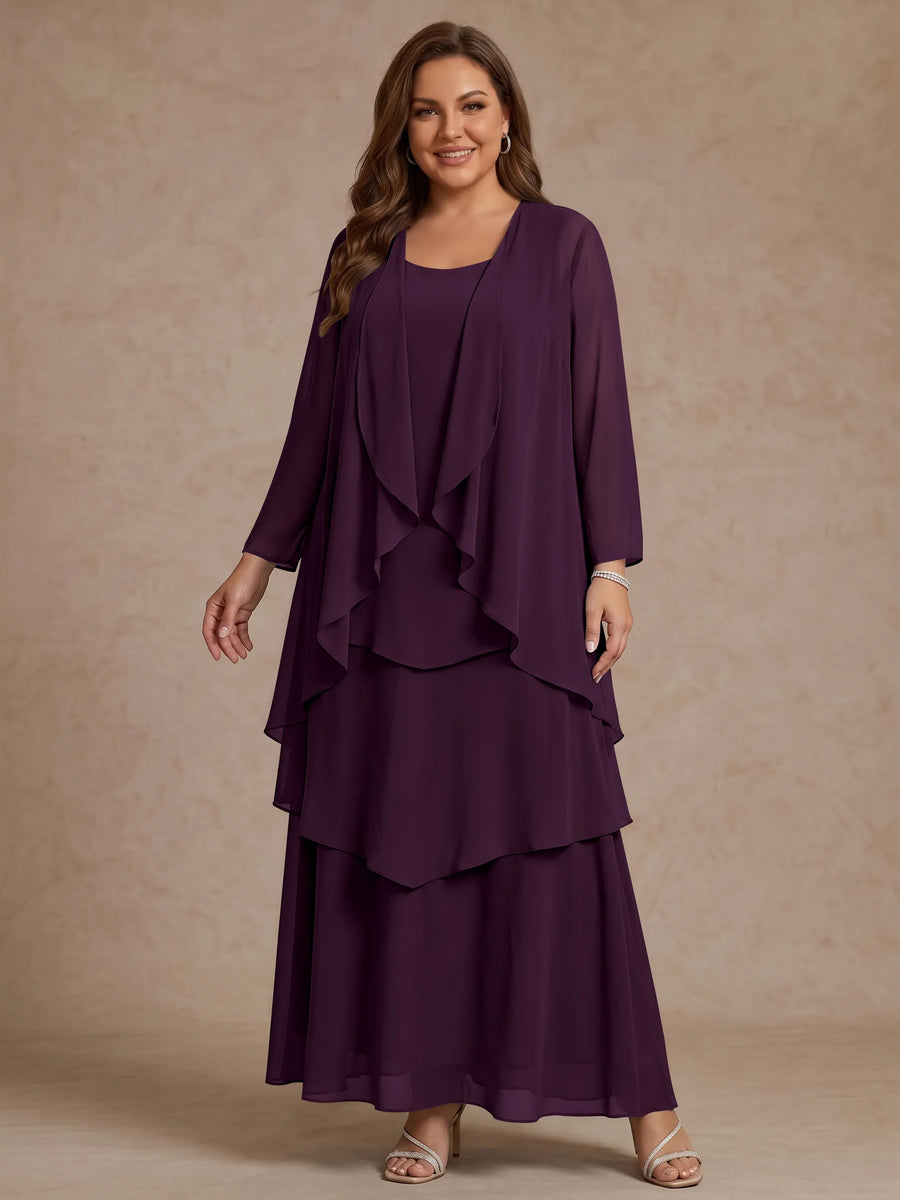 A-Line/Princess Scoop Chiffon Plus Size Mother of the Bride Dresses with Jacket & Ruffles Long Sleeves Ankle-Length