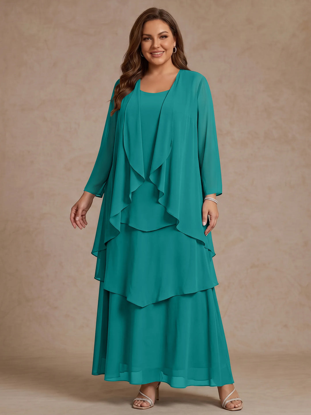 A-Line/Princess Scoop Chiffon Plus Size Mother of the Bride Dresses with Jacket & Ruffles Long Sleeves Ankle-Length