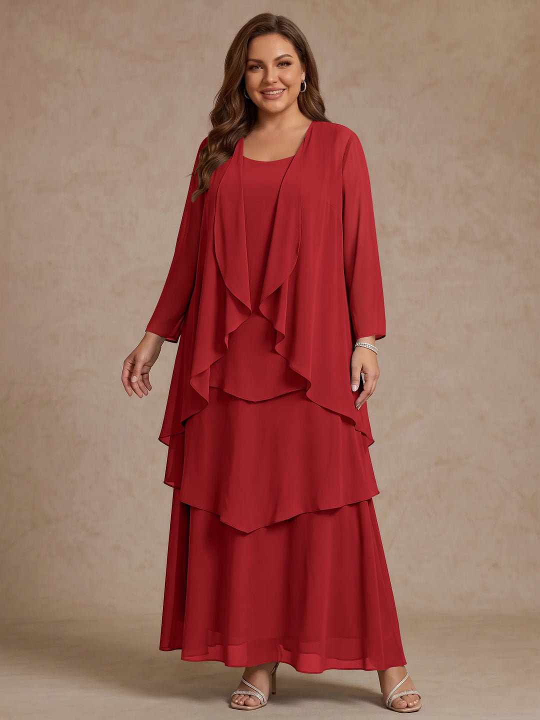 A-Line/Princess Scoop Chiffon Plus Size Mother of the Bride Dresses with Jacket & Ruffles Long Sleeves Ankle-Length