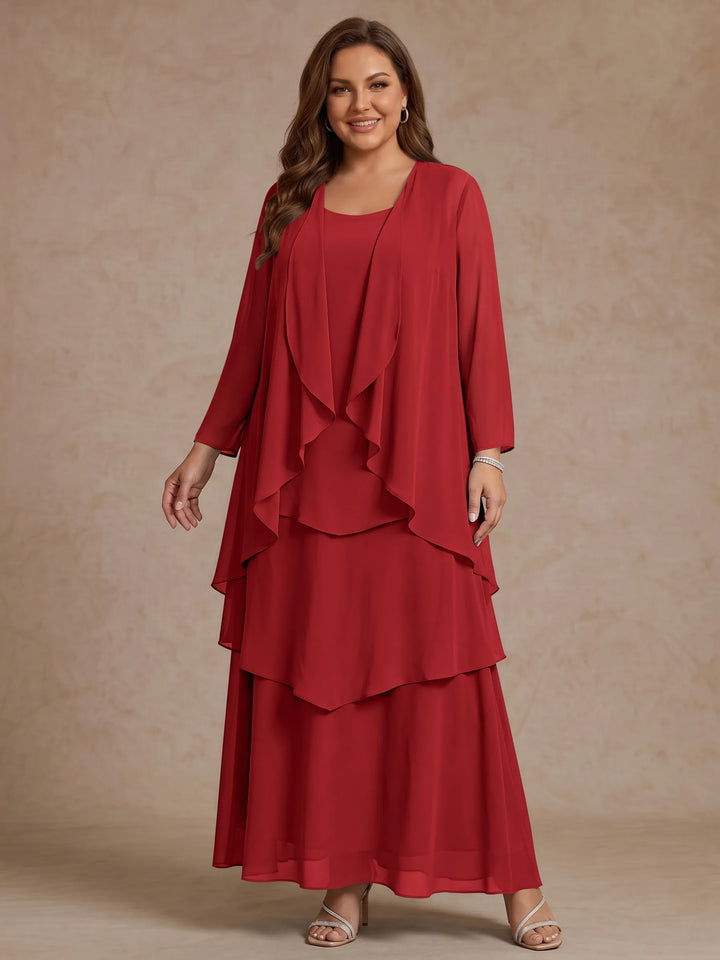 A-Line/Princess Scoop Chiffon Plus Size Mother of the Bride Dresses with Jacket & Ruffles Long Sleeves Ankle-Length