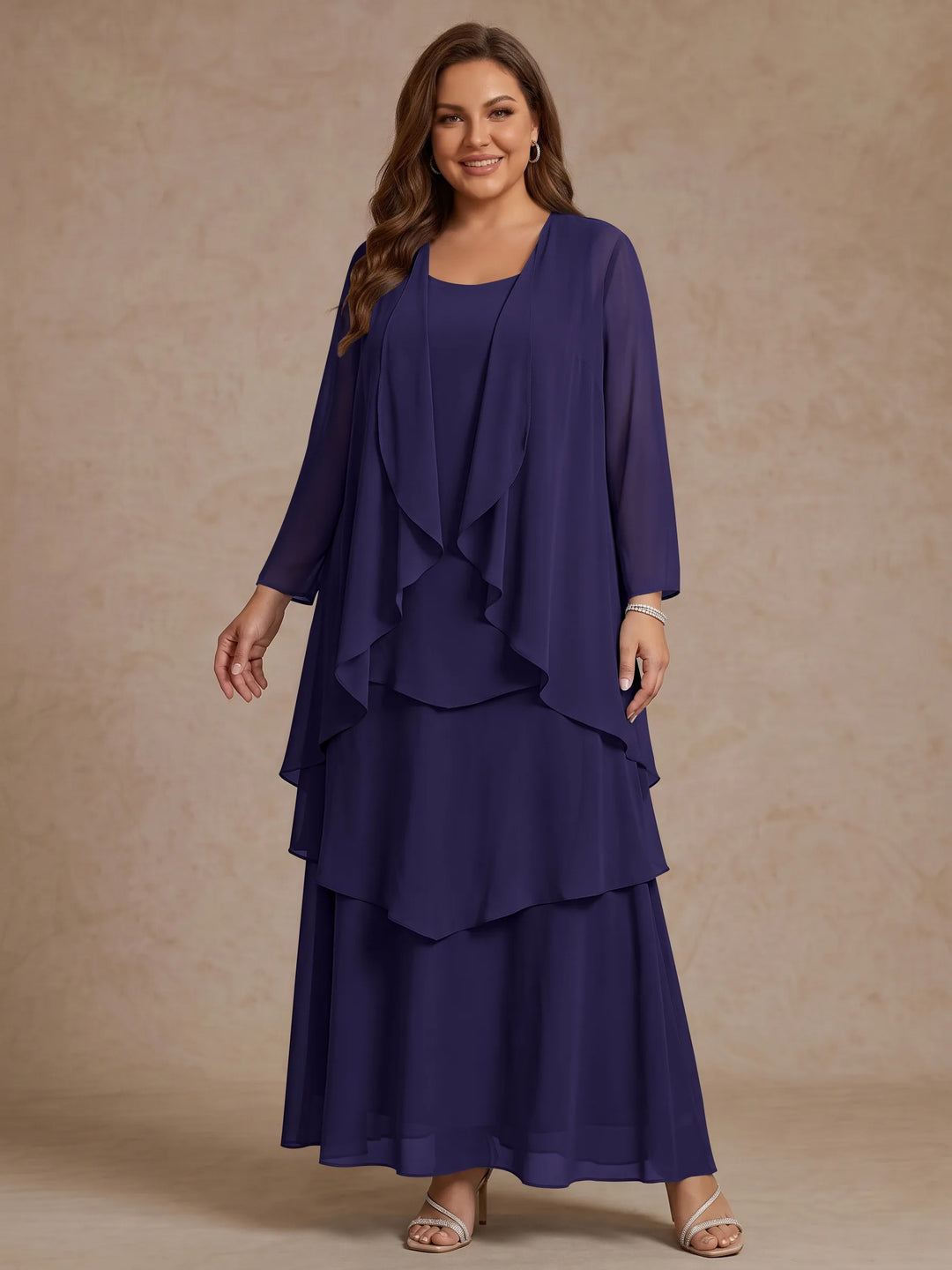 A-Line/Princess Scoop Chiffon Plus Size Mother of the Bride Dresses with Jacket & Ruffles Long Sleeves Ankle-Length