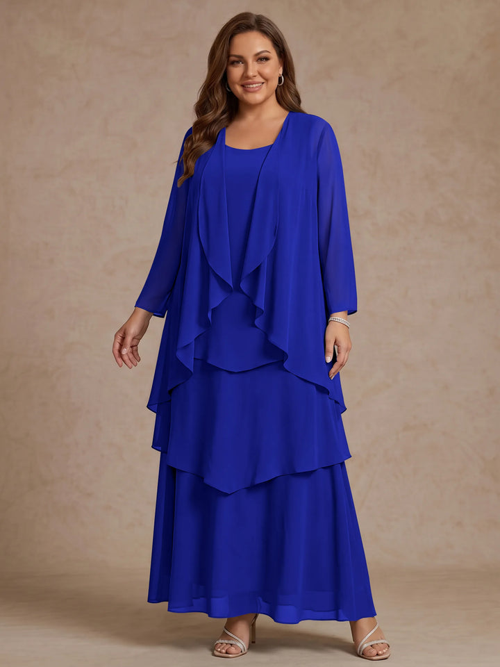 A-Line/Princess Scoop Chiffon Plus Size Mother of the Bride Dresses with Jacket & Ruffles Long Sleeves Ankle-Length