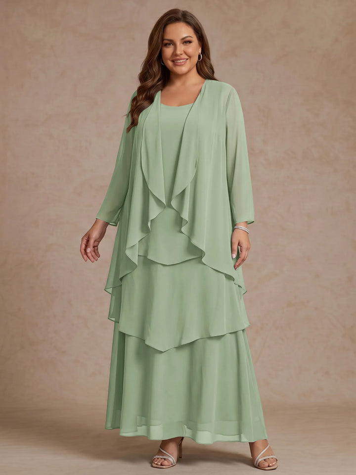 A-Line/Princess Scoop Chiffon Plus Size Mother of the Bride Dresses with Jacket & Ruffles Long Sleeves Ankle-Length