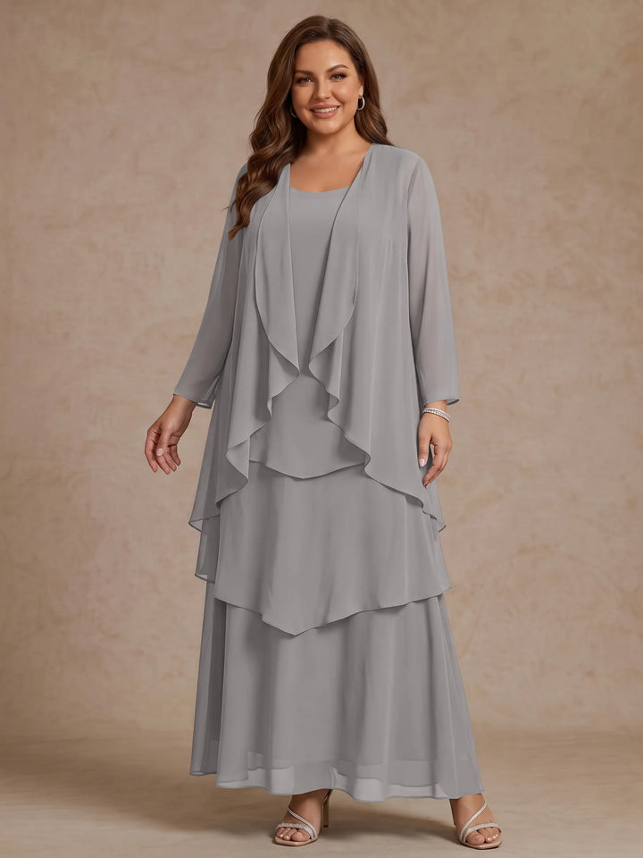 A-Line/Princess Scoop Chiffon Plus Size Mother of the Bride Dresses with Jacket & Ruffles Long Sleeves Ankle-Length