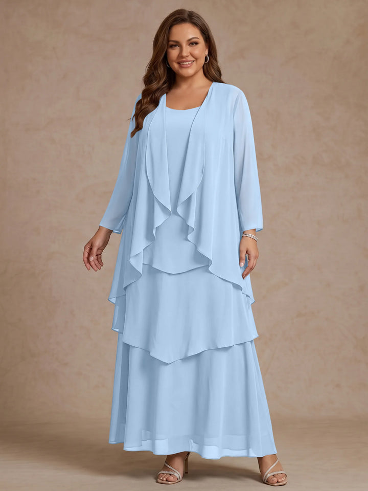 A-Line/Princess Scoop Chiffon Plus Size Mother of the Bride Dresses with Jacket & Ruffles Long Sleeves Ankle-Length