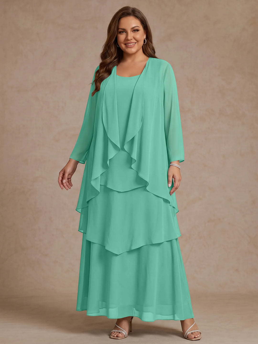 A-Line/Princess Scoop Chiffon Plus Size Mother of the Bride Dresses with Jacket & Ruffles Long Sleeves Ankle-Length