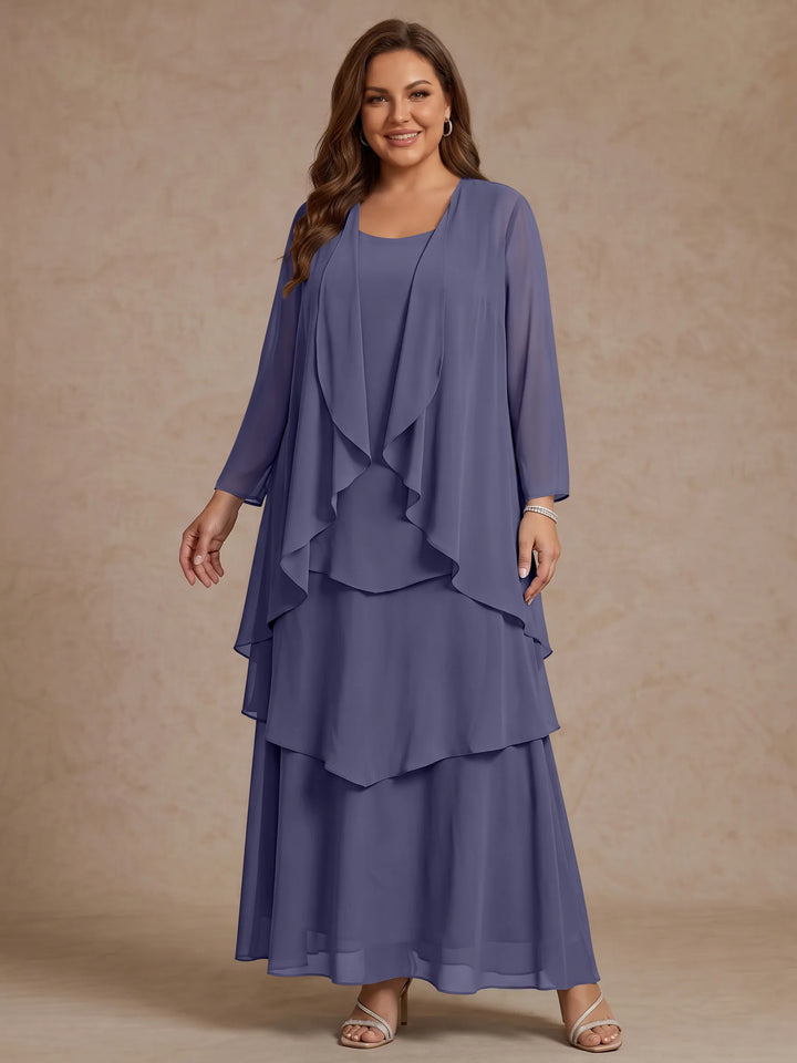 A-Line/Princess Scoop Chiffon Plus Size Mother of the Bride Dresses with Jacket & Ruffles Long Sleeves Ankle-Length