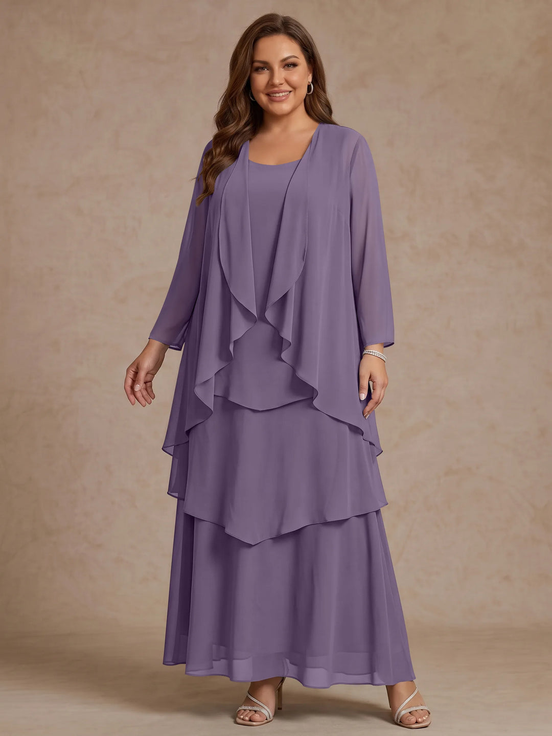 A-Line/Princess Scoop Chiffon Plus Size Mother of the Bride Dresses with Jacket & Ruffles Long Sleeves Ankle-Length
