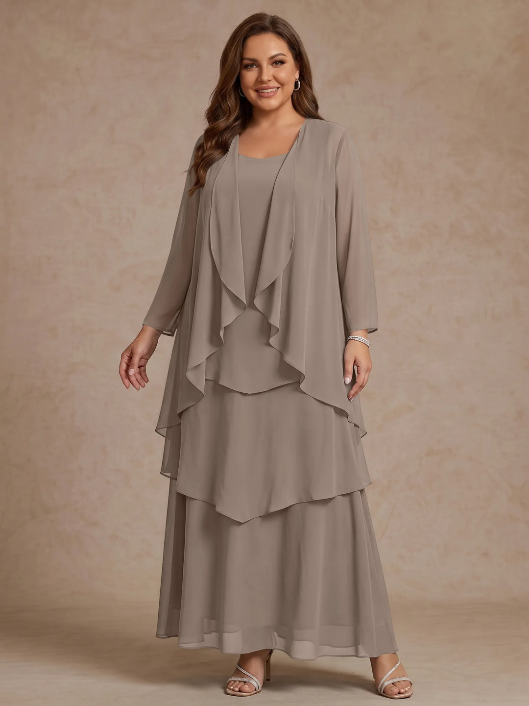 A-Line/Princess Scoop Chiffon Plus Size Mother of the Bride Dresses with Jacket & Ruffles Long Sleeves Ankle-Length