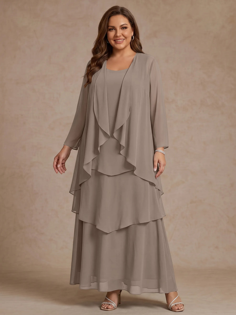 A-Line/Princess Scoop Chiffon Plus Size Mother of the Bride Dresses with Jacket & Ruffles Long Sleeves Ankle-Length