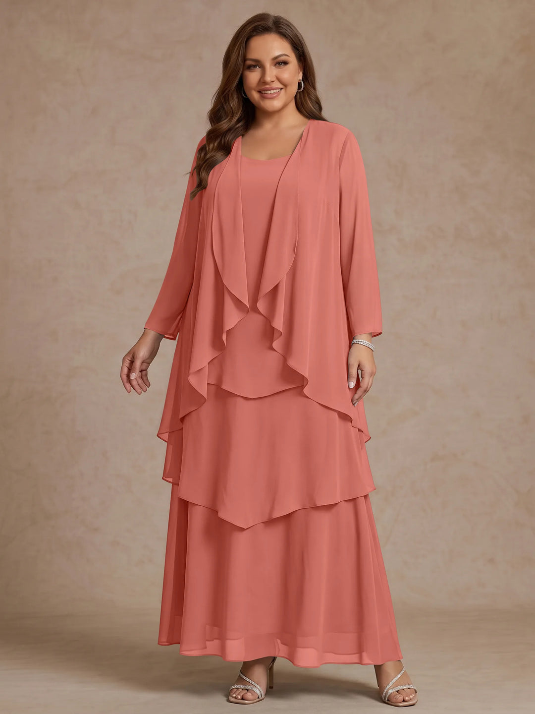 A-Line/Princess Scoop Chiffon Plus Size Mother of the Bride Dresses with Jacket & Ruffles Long Sleeves Ankle-Length