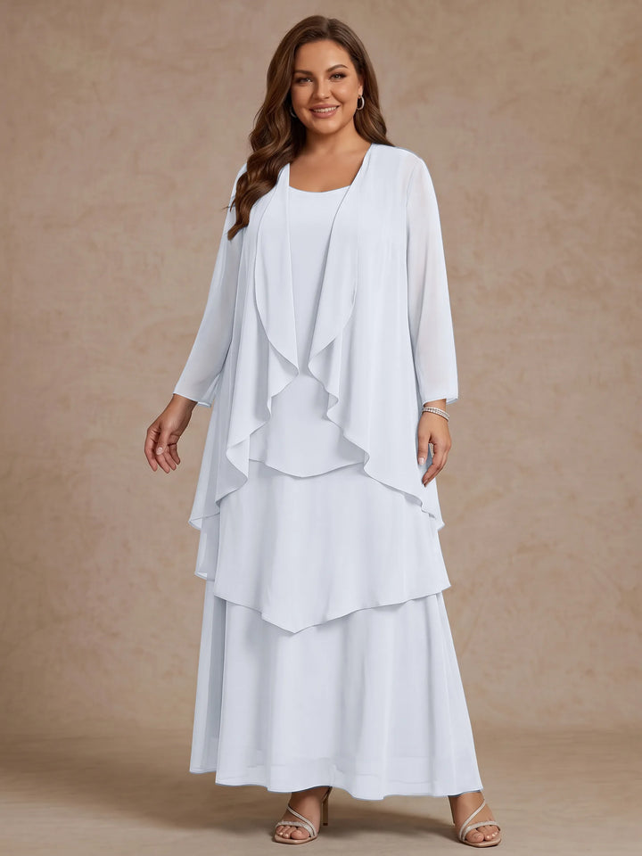A-Line/Princess Scoop Chiffon Plus Size Mother of the Bride Dresses with Jacket & Ruffles Long Sleeves Ankle-Length