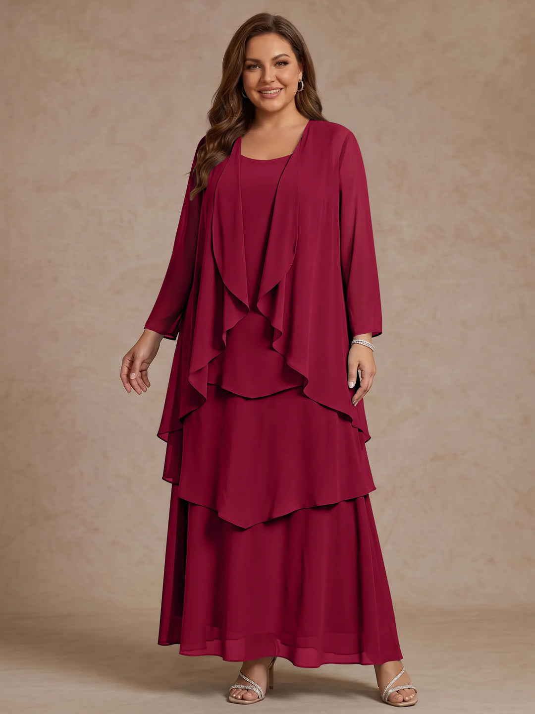A-Line/Princess Scoop Chiffon Plus Size Mother of the Bride Dresses with Jacket & Ruffles Long Sleeves Ankle-Length