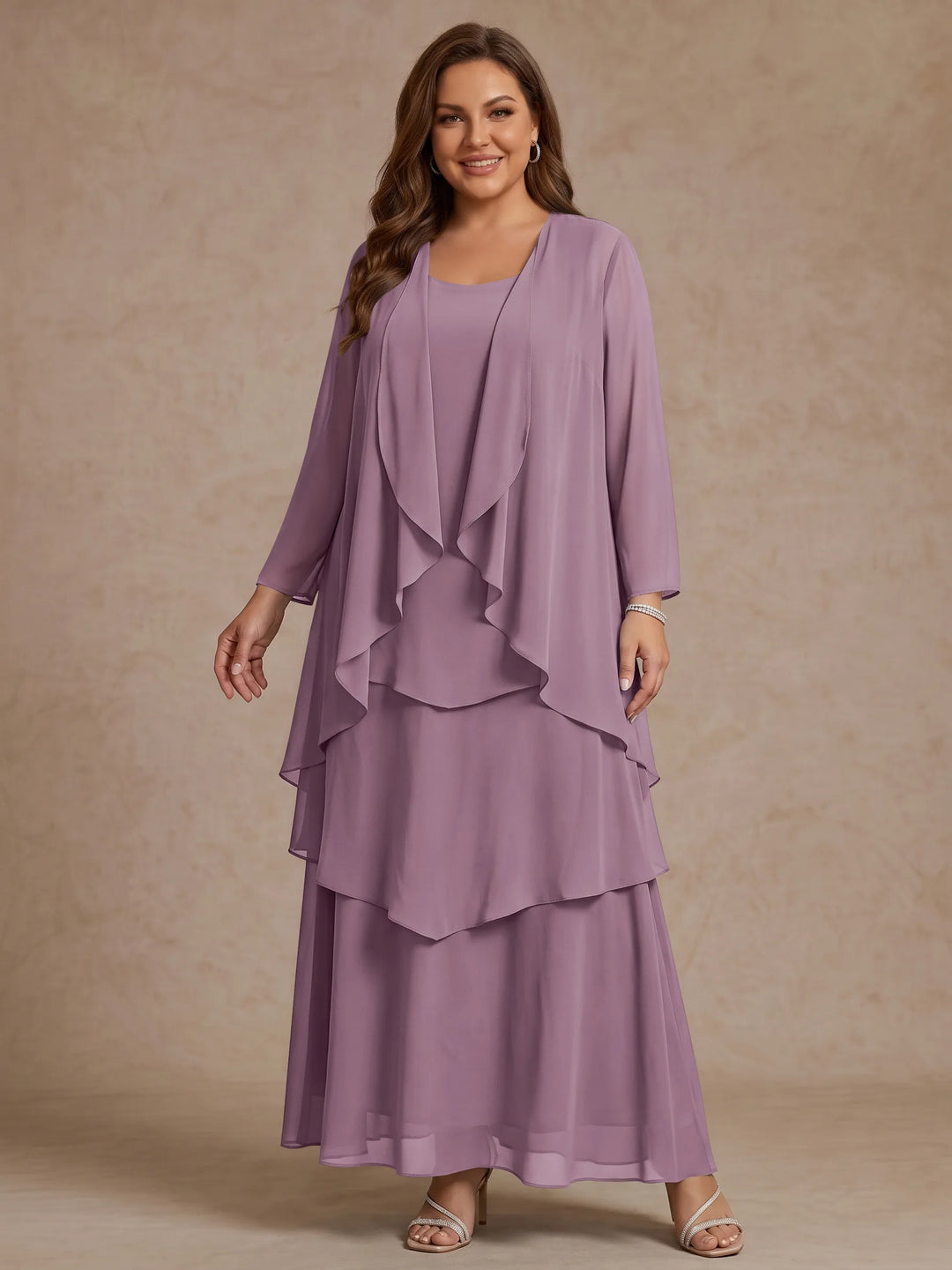 A-Line/Princess Scoop Chiffon Plus Size Mother of the Bride Dresses with Jacket & Ruffles Long Sleeves Ankle-Length