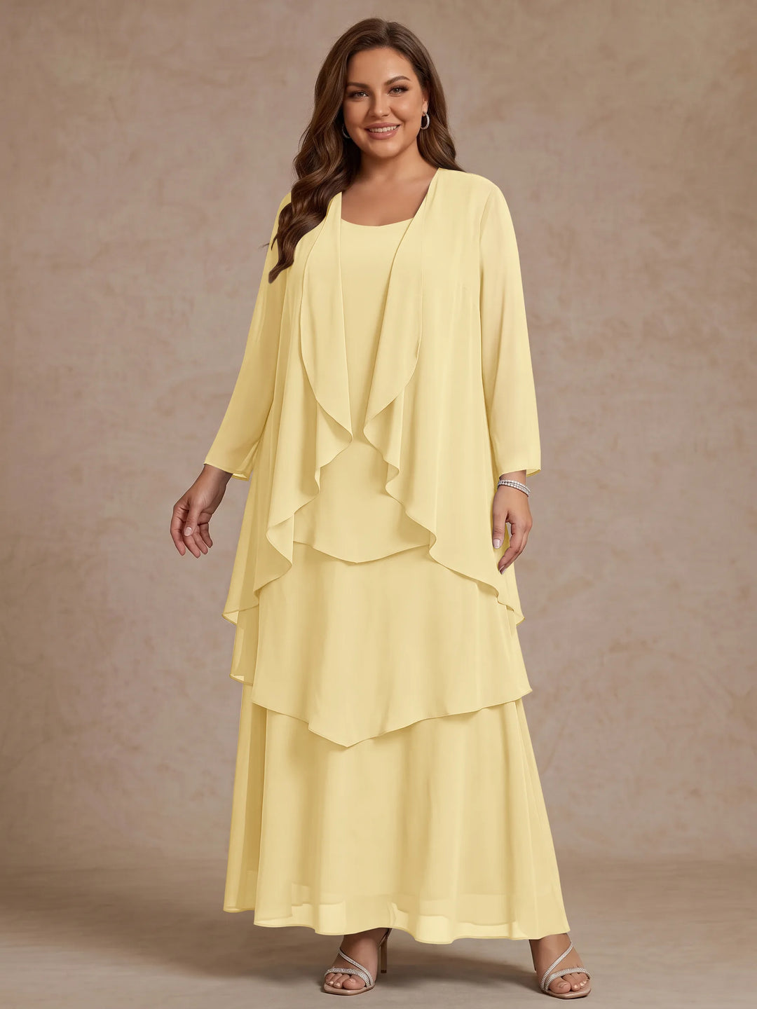 A-Line/Princess Scoop Chiffon Plus Size Mother of the Bride Dresses with Jacket & Ruffles Long Sleeves Ankle-Length