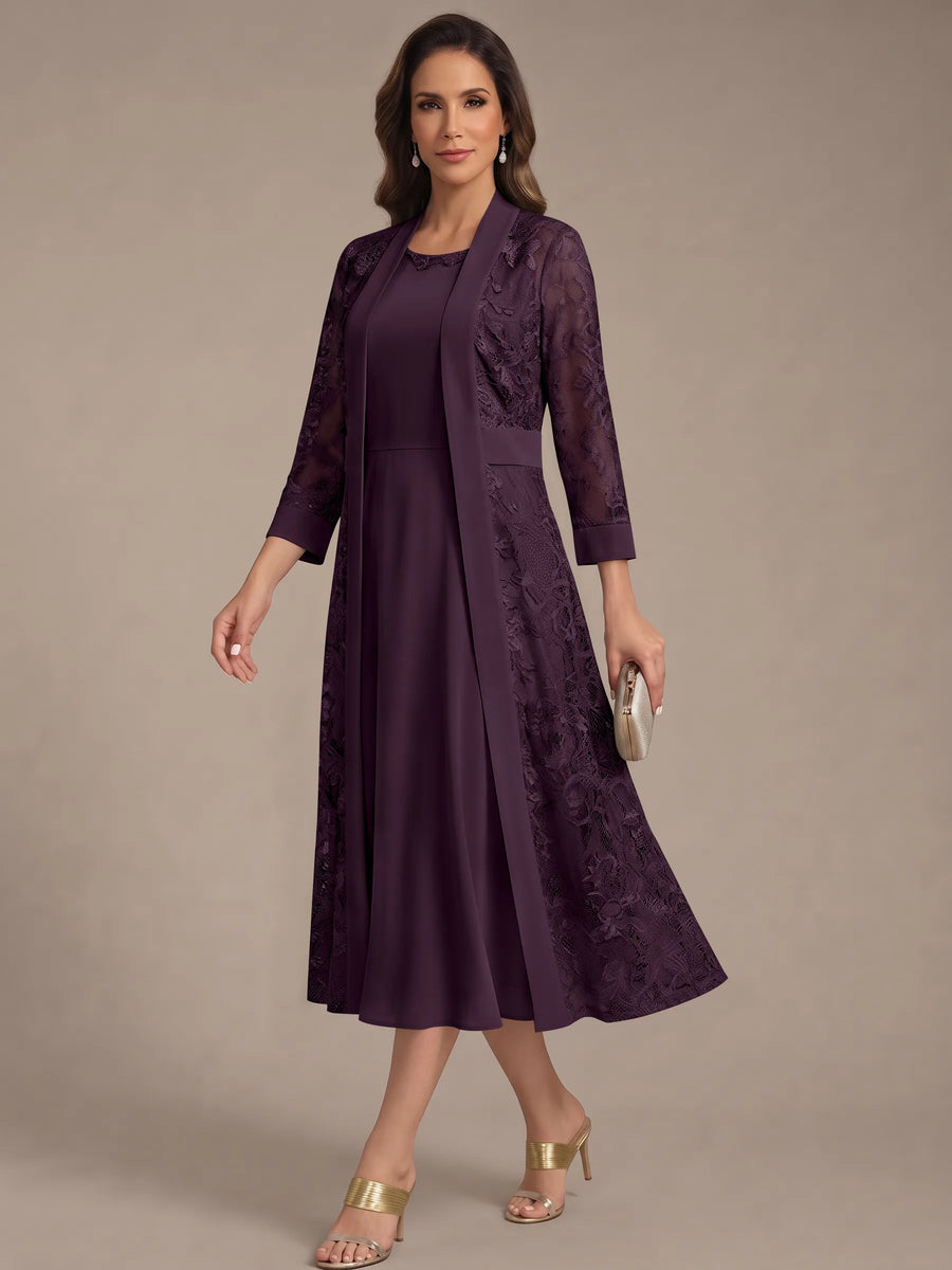 A-Line/Princess Scoop Chiffon Mother of the Bride Dresses with Lace Jacket 3/4 Sleeves Tea-Length