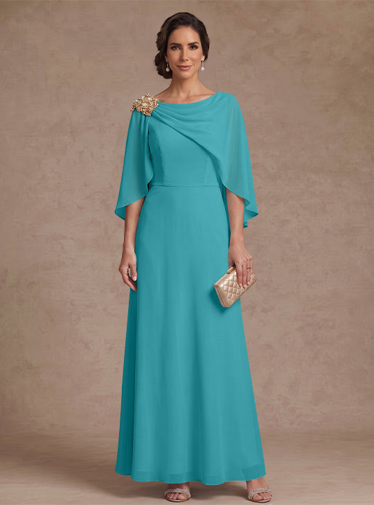 A-Line/Princess Boat Neck Chiffon Mother of the Bride Dresses Cape Sleeves Ankle-Length Rhinestone