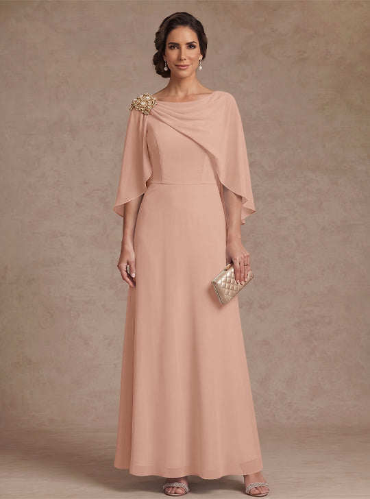 A-Line/Princess Boat Neck Chiffon Mother of the Bride Dresses Cape Sleeves Ankle-Length Rhinestone
