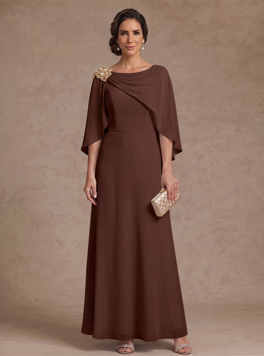 A-Line/Princess Boat Neck Chiffon Mother of the Bride Dresses Cape Sleeves Ankle-Length Rhinestone