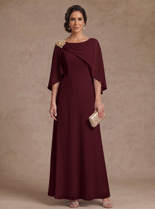 A-Line/Princess Boat Neck Chiffon Mother of the Bride Dresses Cape Sleeves Ankle-Length Rhinestone