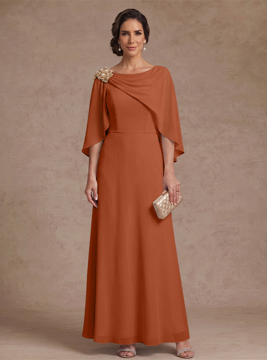 A-Line/Princess Boat Neck Chiffon Mother of the Bride Dresses Cape Sleeves Ankle-Length Rhinestone