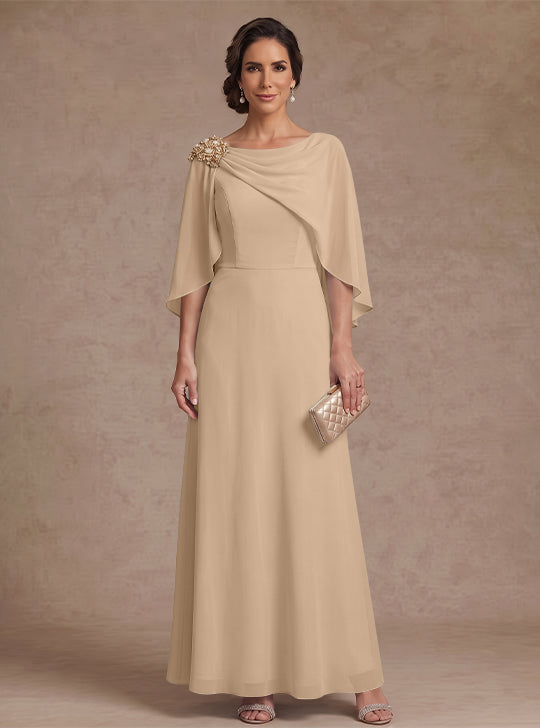 A-Line/Princess Boat Neck Chiffon Mother of the Bride Dresses Cape Sleeves Ankle-Length Rhinestone