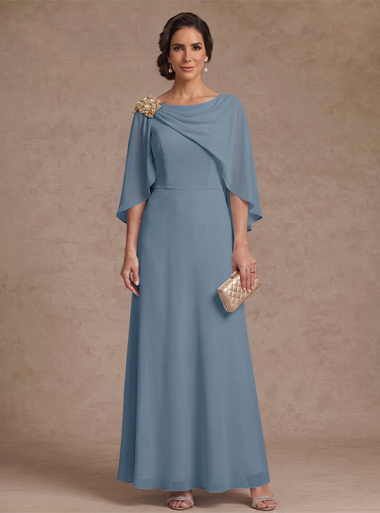 A-Line/Princess Boat Neck Chiffon Mother of the Bride Dresses Cape Sleeves Ankle-Length Rhinestone