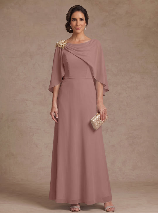 A-Line/Princess Boat Neck Chiffon Mother of the Bride Dresses Cape Sleeves Ankle-Length Rhinestone
