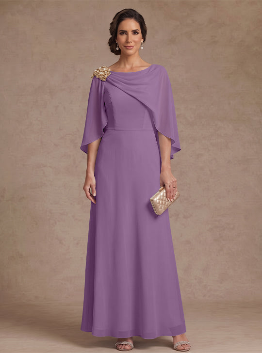 A-Line/Princess Boat Neck Chiffon Mother of the Bride Dresses Cape Sleeves Ankle-Length Rhinestone