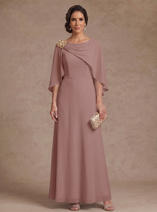 A-Line/Princess Boat Neck Chiffon Mother of the Bride Dresses Cape Sleeves Ankle-Length Rhinestone