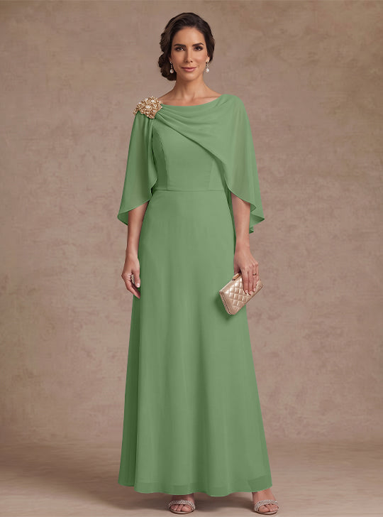 A-Line/Princess Boat Neck Chiffon Mother of the Bride Dresses Cape Sleeves Ankle-Length Rhinestone