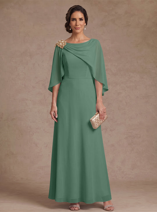 A-Line/Princess Boat Neck Chiffon Mother of the Bride Dresses Cape Sleeves Ankle-Length Rhinestone
