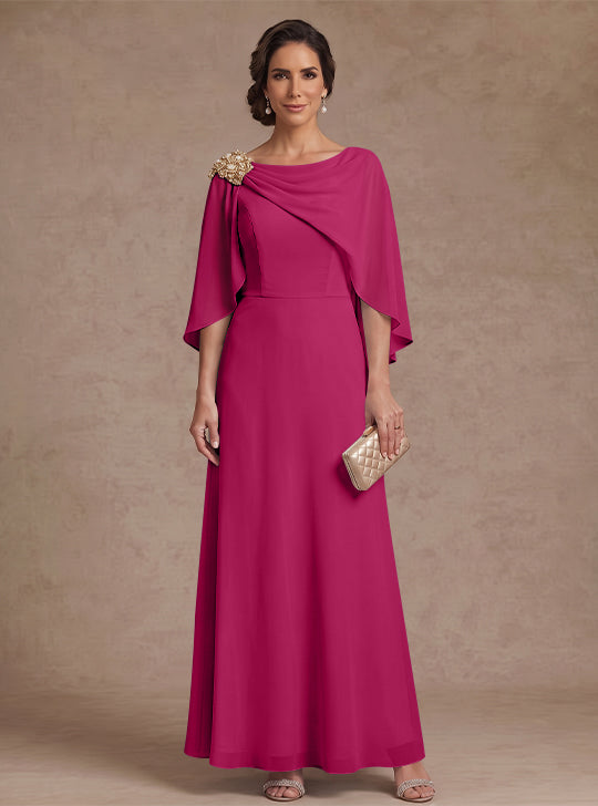 A-Line/Princess Boat Neck Chiffon Mother of the Bride Dresses Cape Sleeves Ankle-Length Rhinestone