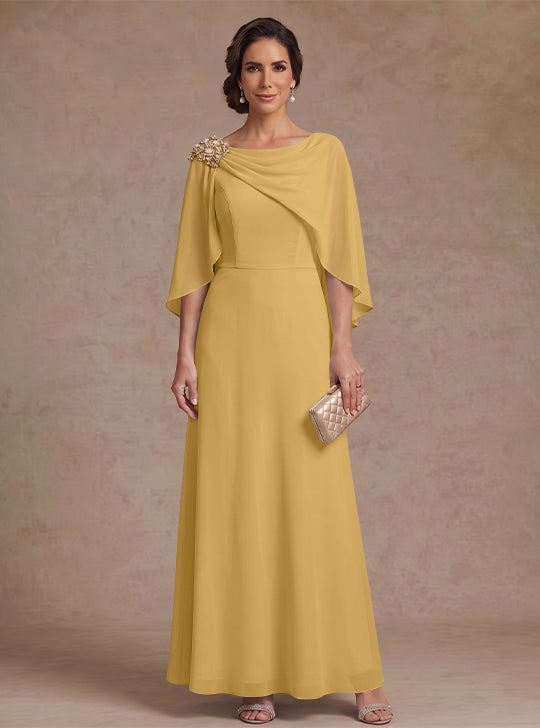 A-Line/Princess Boat Neck Chiffon Mother of the Bride Dresses Cape Sleeves Ankle-Length Rhinestone