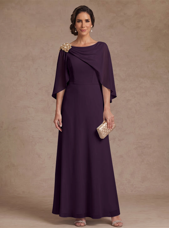 A-Line/Princess Boat Neck Chiffon Mother of the Bride Dresses Cape Sleeves Ankle-Length Rhinestone