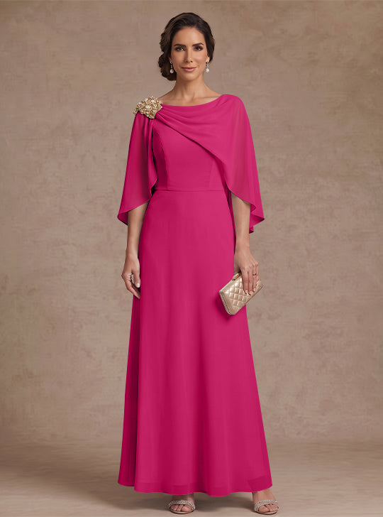 A-Line/Princess Boat Neck Chiffon Mother of the Bride Dresses Cape Sleeves Ankle-Length Rhinestone