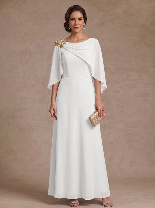 A-Line/Princess Boat Neck Chiffon Mother of the Bride Dresses Cape Sleeves Ankle-Length Rhinestone