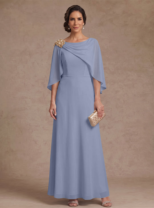 A-Line/Princess Boat Neck Chiffon Mother of the Bride Dresses Cape Sleeves Ankle-Length Rhinestone