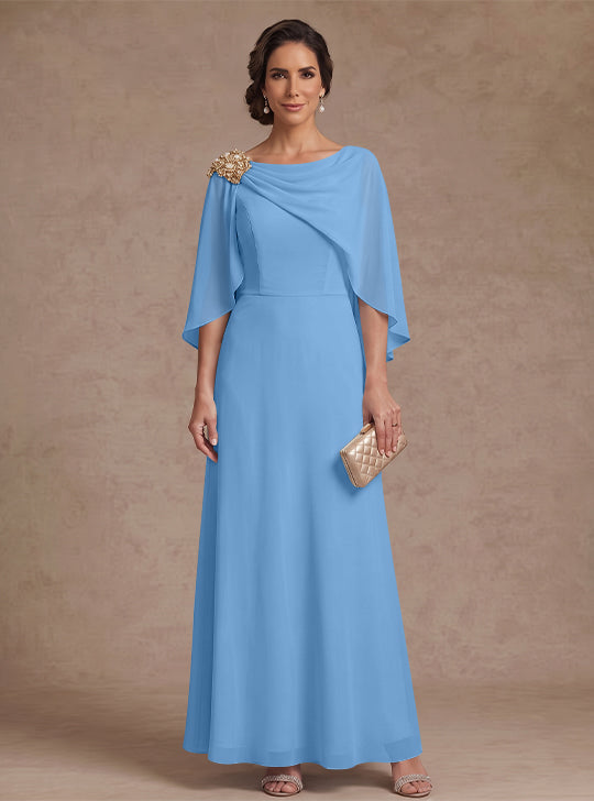 A-Line/Princess Boat Neck Chiffon Mother of the Bride Dresses Cape Sleeves Ankle-Length Rhinestone